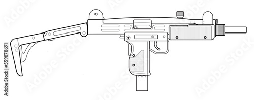 Vector illustration of the UZI israel machine gun with unfolded stock on the white background. Right side.