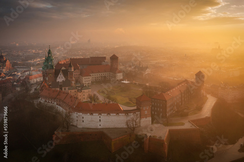 Foggy sunrise at Wawel Castle in Krakow. Poland