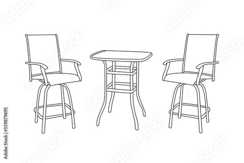 sketch outline of modern table and chairs editable vector illustration on white background. two chair and table line drawing. Hand-drawn design elements.