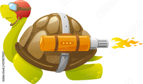 One cartoon turtle flying with jet thrust, speed leader conceptual, isolated