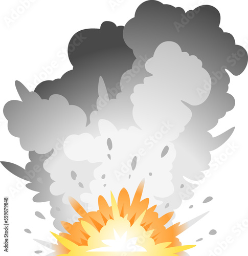 One big cartoon bomb explosion on ground with large black smoke column and fireball, bright fiery explosion with black clubs of smoke on horizontal surface isolated, explosion on side view