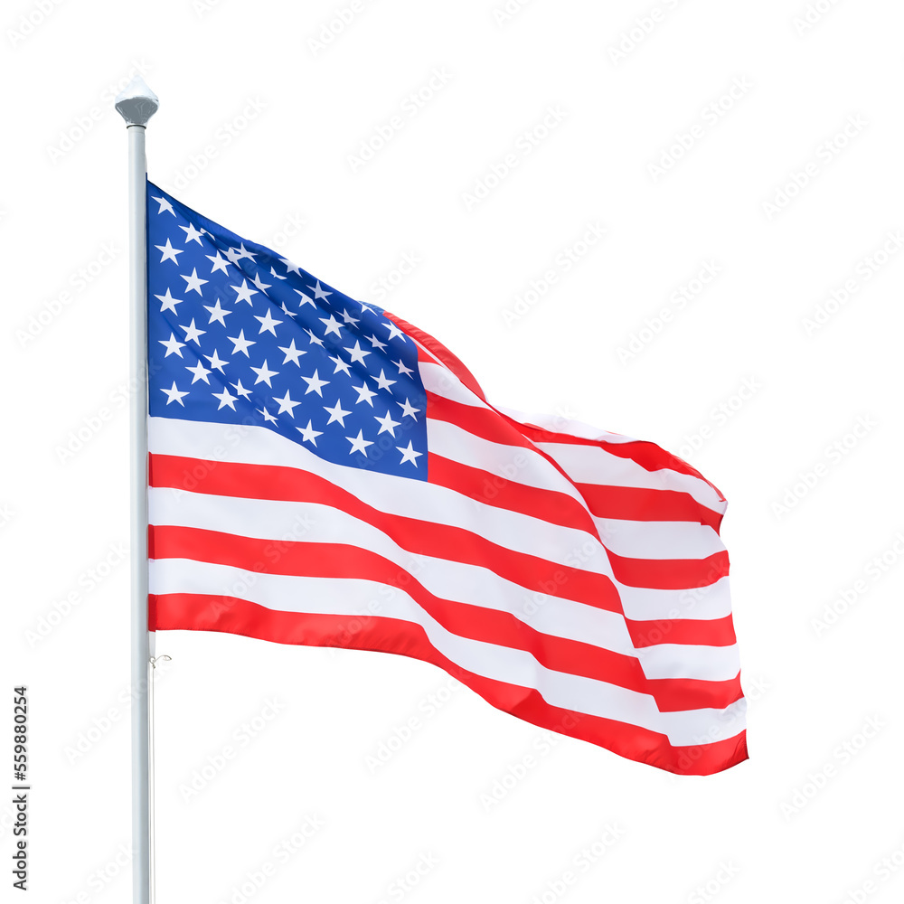 American flag on flagpole. Isolated png with transparency
