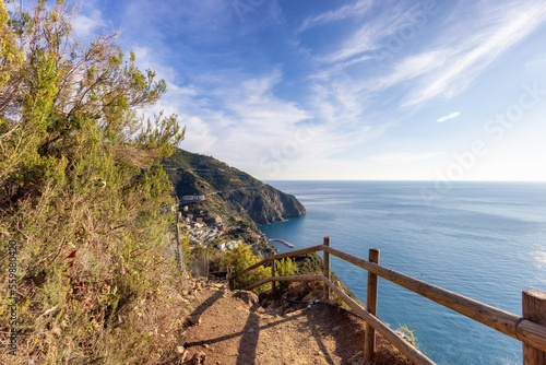 Hiking path near touristic town, Riomaggiore, Italy. Cinque Terre National Park