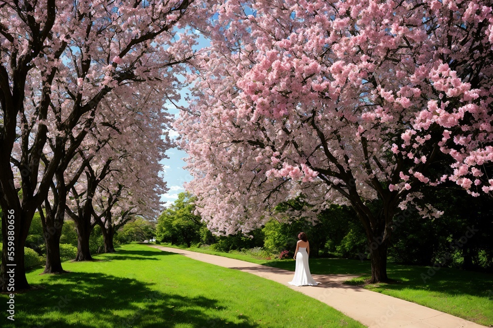 A young brunette girl wearing long dress stay in a beautiful park, and looking downhill over field of flowers. Back view. Green valley high on the mountains A young brunette girl wearing long dress stay in a beautiful park, and looking downhill over field of flowers. Back view. Green valley high on the mountains