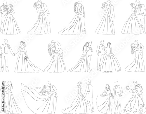 bride and groom set wedding sketch ,outline isolated vector