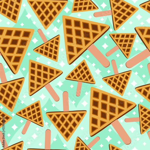 Sweet food and dessert food, vector seamless illustration of triangle shape golden brown homemade corn dog on a stick in various flavors decorations. Fabric, textile, print, wrapping paper. photo