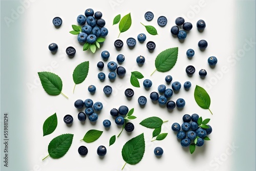  a bunch of blueberries and leaves on a white surface with a blue background and a blue frame with a blue border and a white border with a blue border and green border with a.