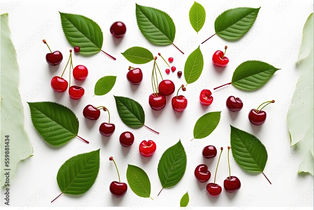 a group of cherries with leaves on a white background with a green