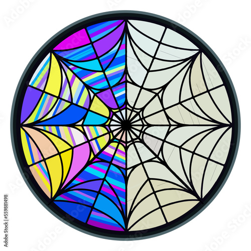 Stained glass on a wednesday, circle window vector. Window with gray and colored mosaic. Vector illustration. photo