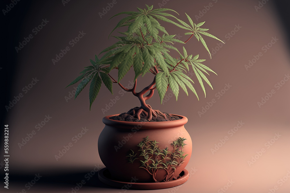 a marijuana plant in a clay pot. Generative AI a marijuana plant in a clay pot. Generative AI