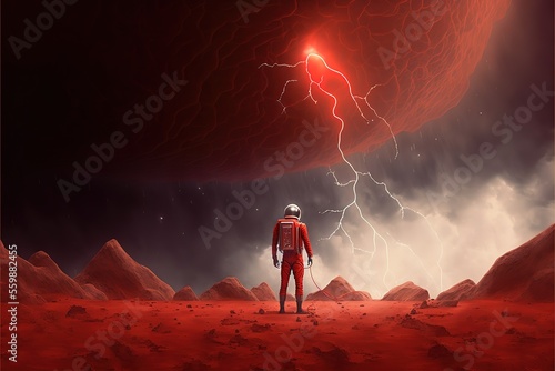 red astronaut looks at the lightning