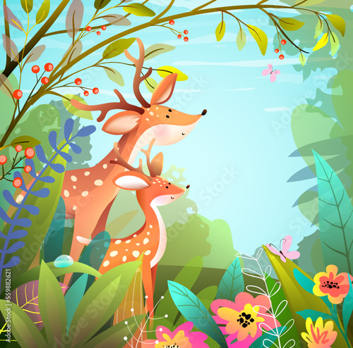 Cute deer or stag animals in the forest, mother and child in the woods. Children illustration with mama deer and her baby in the wild. Fantasy vector drawing in watercolor style for kids.