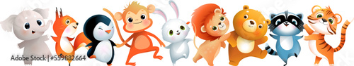 Baby bear tiger lion monkey penguin raccoon and squirrel jumping or dancing, cute animals illustration for kids. Children cartoon of funny happy smiling animals dance, isolated vector clipart.