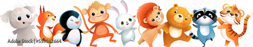 Baby bear tiger lion monkey penguin raccoon and squirrel jumping or dancing, cute animals illustration for kids. Children cartoon of funny happy smiling animals dance, isolated vector clipart. © Popmarleo