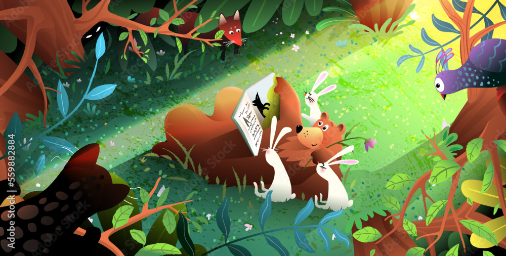 Animals reading a tale book in the fantasy forest lawn. Cute bear ...