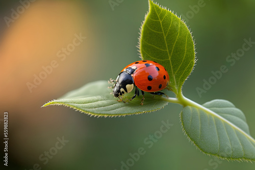 Dedicated image of a ladybird in the garden perched on a plant stem. Generative AI