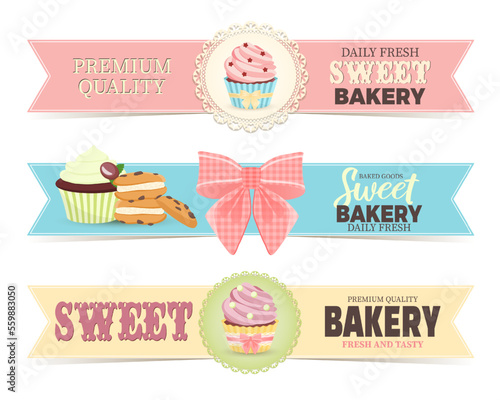 Sweet bakery shop banner templates with cupcakes. Vintage style