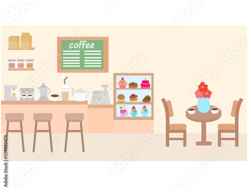 Empty cafe interior.Cosy cafeteria.Restaurant or bakery shop.Flat design.Food, drinks, coffee, sweets and cakes.Canteen or kitchen.Bar counter.Sign, symbol, icon or logo.Cartoon vector illustration.