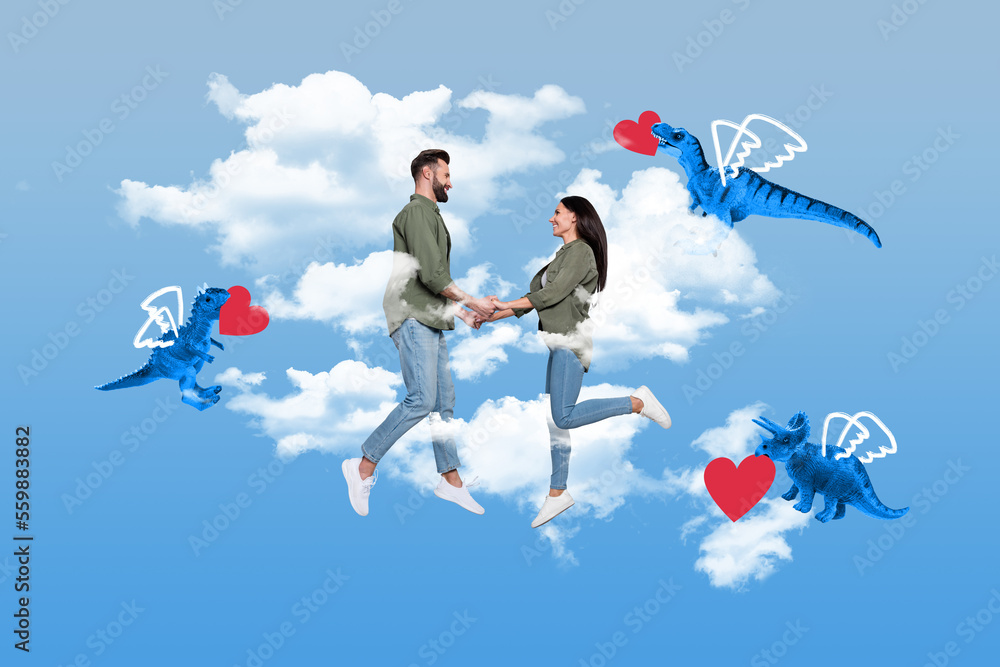 3d creative collage artwork template of charming happy couple celebrating 14 february flying dinos isolated painting background 3d creative collage artwork template of charming happy couple celebrating 14 february flying dinos isolated painting background