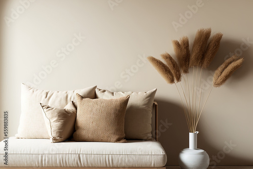 Warm neutral interior wall mockup of a living room in a japanese design including a low couch, a beige cushion, and dried Pampas grass on a caned table. Generative AI