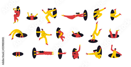 Search, explore concept. Different people coming, flying, jumping, looking through and out of holes. Happy enthusiastic funny men and women. Graphic vector illustration photo