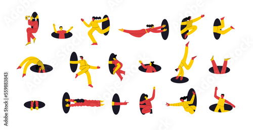 Search, explore concept. Different people coming, flying, jumping, looking through and out of holes. Happy enthusiastic funny men and women. Graphic vector illustration