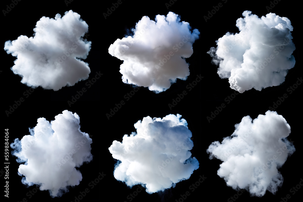 Six smoke, cloud isolated on black background. Concept of cloud computing, smoke puff, storm and cloudscape. PNG file. generative AI Six smoke, cloud isolated on black background. Concept of cloud computing, smoke puff, storm and cloudscape. PNG file. generative AI