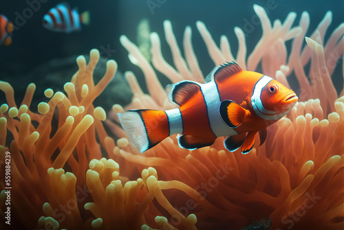 Orange Clown fish with corals, Generative AI