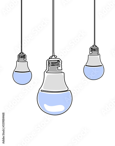 Three turned on light bulb hanging from above. Blue continuous one line drawing of electric light bulb. Concept of idea emergence. Vector illustration