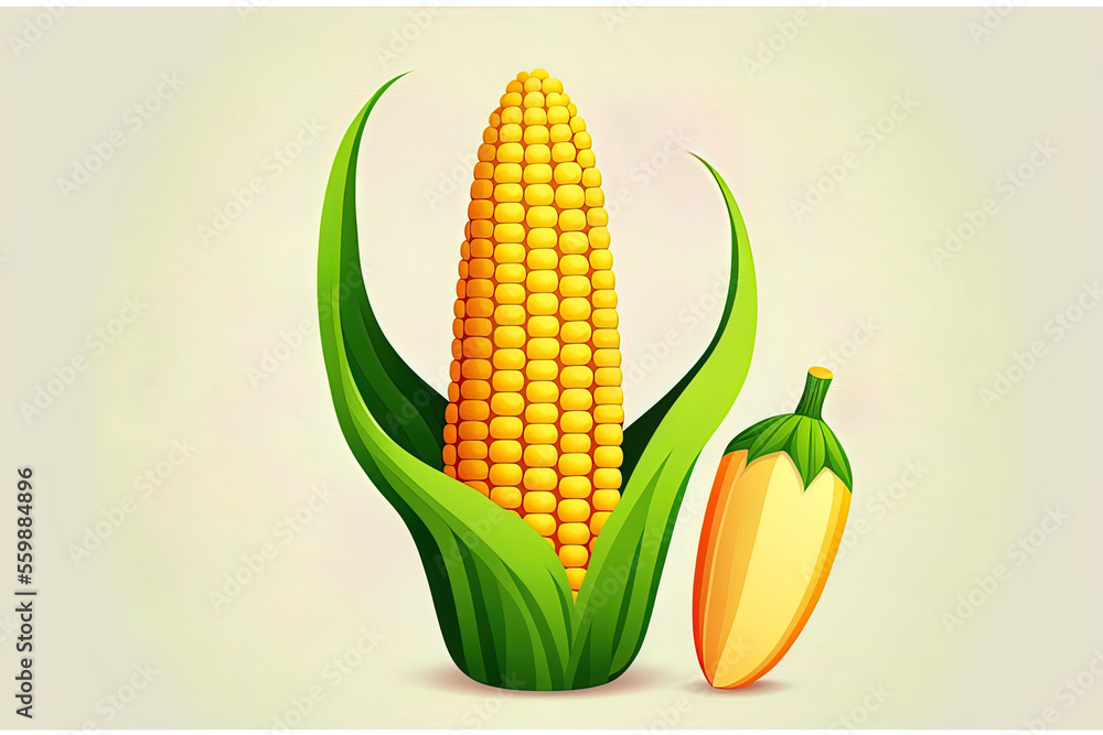 Obraz premium Corn cob symbol in cartoon style on a white backdrop. healthy food flat drawing of an ear of corn. agricultural idea, farming, organic food, harvest. Generative AI