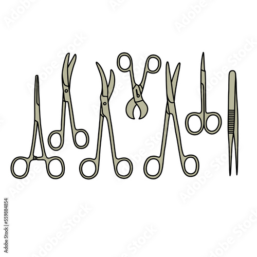 gynecologial surgery instrument kit doodle icon, vector color line illustration