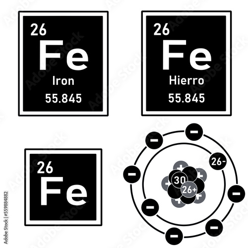 Icon of the element iron of the periodic table with representation of its atom