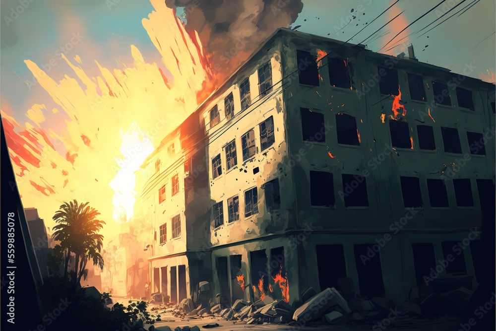 An explosion in a destroyed city