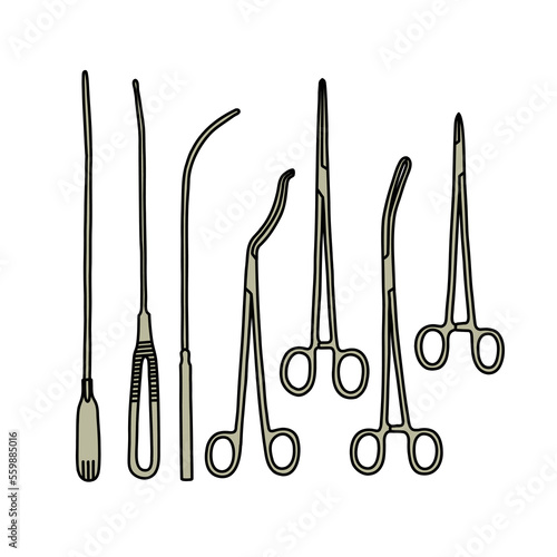 gynecologial surgical instruments doodle icon, vector color line illustration