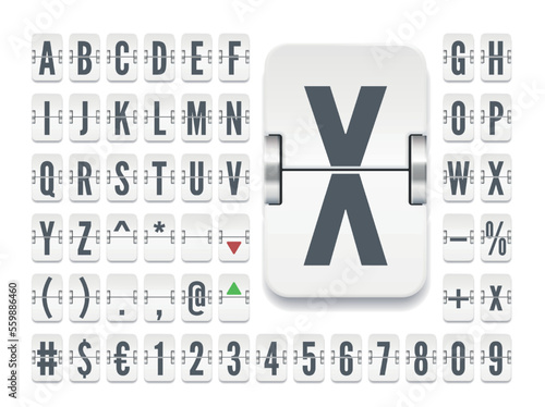 Narrow white flip board font with numbers for showing stock exchange rates. Airport terminal mechanical scoreboard alphabet to display finance info and timetable vector illustration