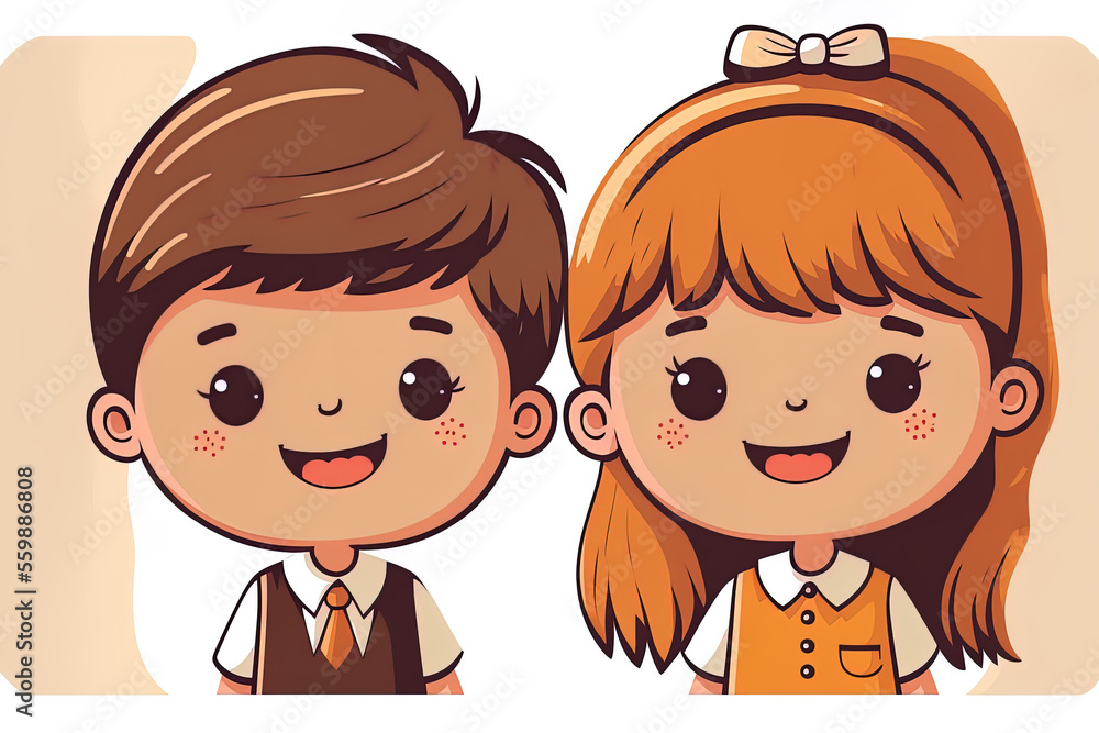 Couple of young children, headshot. Happy, grinning boy and girl. siblings, who are at school. two good friends and classmates from elementary school. Isolated flat drawing on a white background Couple of young children, headshot. Happy, grinning boy and girl. siblings, who are at school. two good friends and classmates from elementary school. Isolated flat drawing on a white background