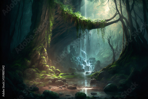 Fantasy forest waterfall scene AI Generative 