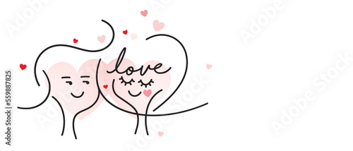 Couple in love. Two happy hearts in love with many pink red hearts. Valentine's Day greeting card