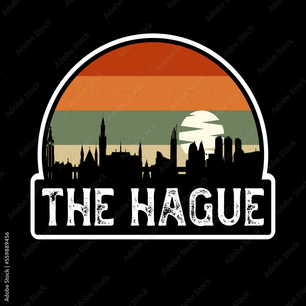 The Hague Netherlands Skyline Silhouette Retro Vintage Sunset The Hague Lover Travel Souvenir Sticker Vector Illustration SVG EPS