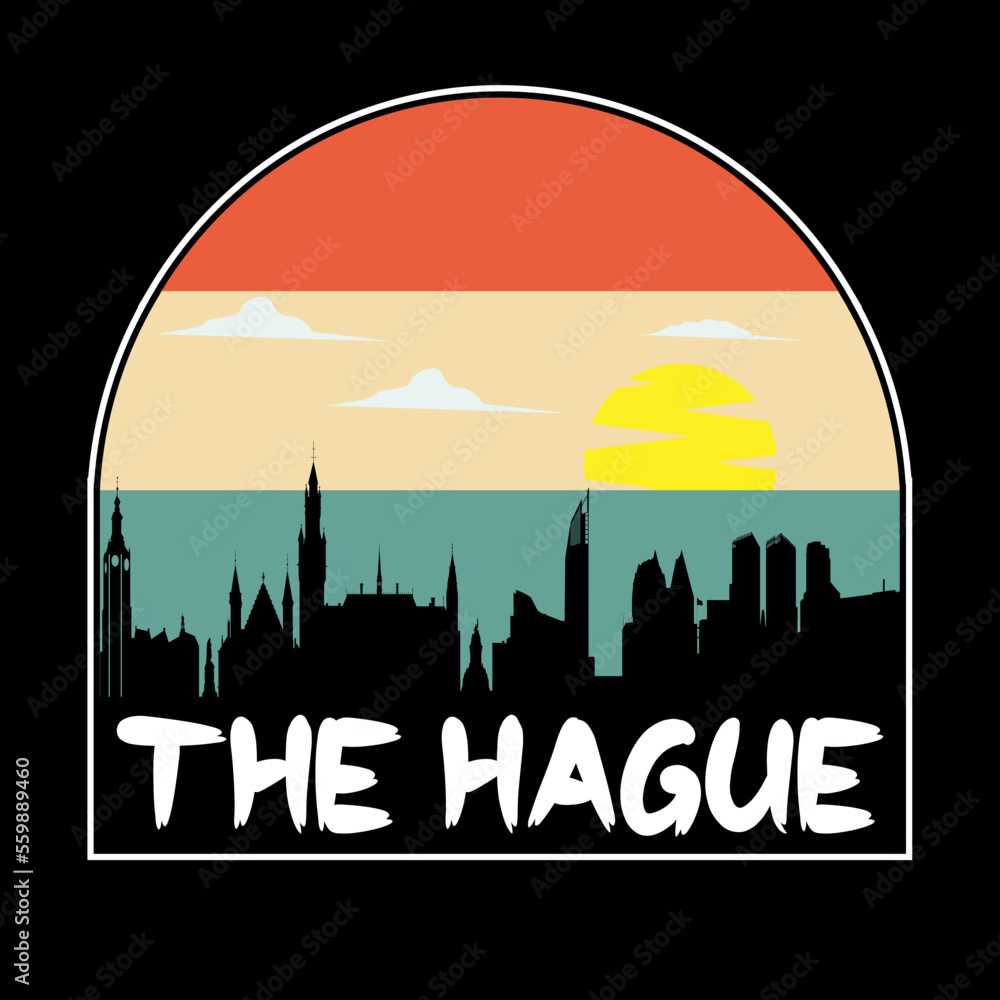 The Hague Netherlands Skyline Silhouette Retro Vintage Sunset The Hague Lover Travel Souvenir Sticker Vector Illustration SVG EPS