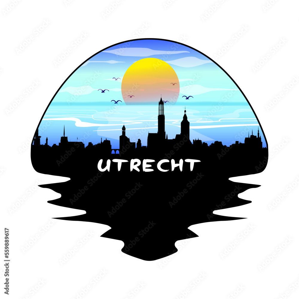 Utrecht Netherlands Skyline Silhouette Retro Vintage Sunset Utrecht Lover Travel Souvenir Sticker Vector Illustration SVG EPS