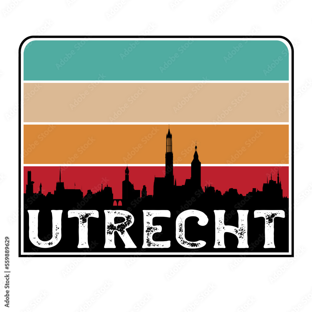 Utrecht Netherlands Skyline Silhouette Retro Vintage Sunset Utrecht Lover Travel Souvenir Sticker Vector Illustration SVG EPS
