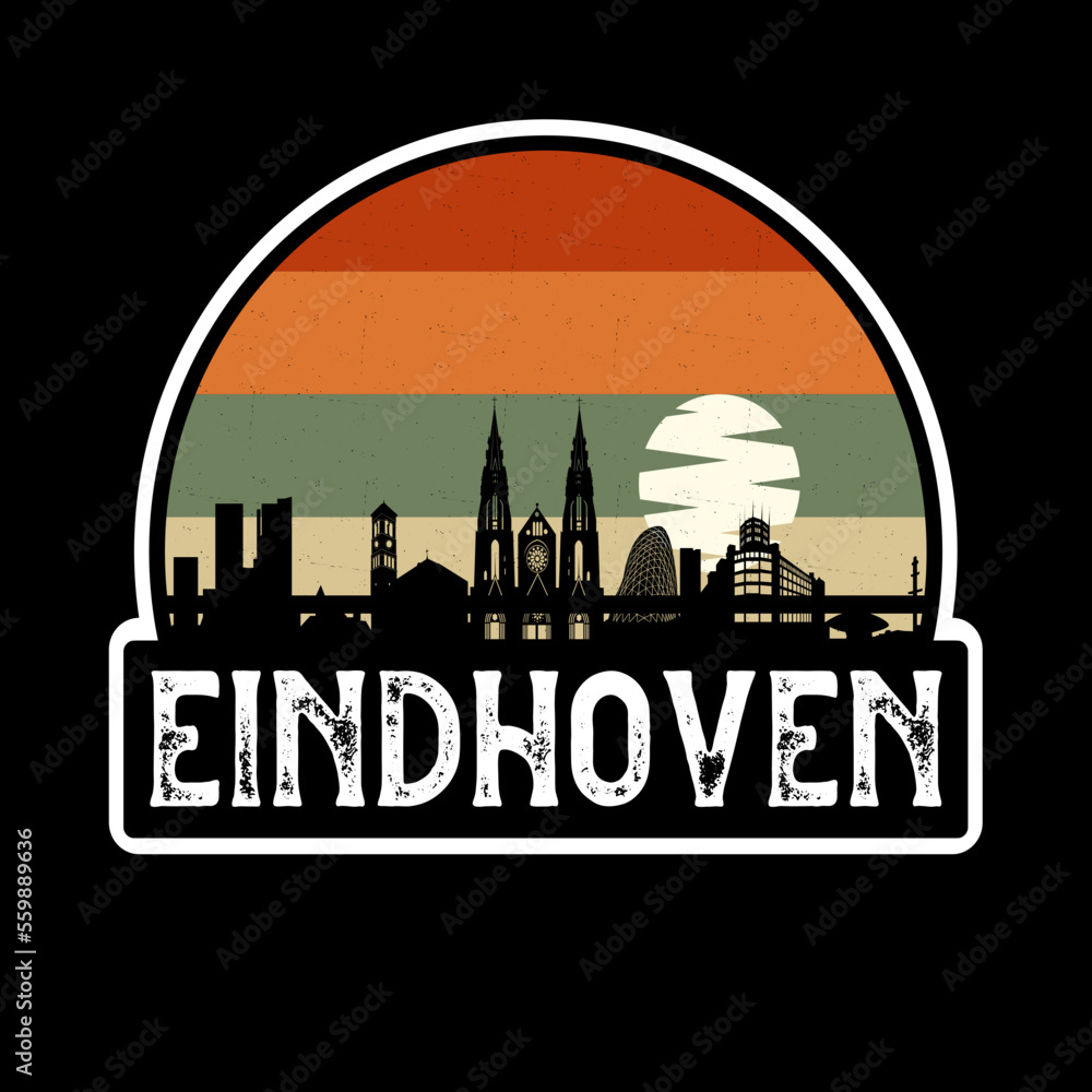 Eindhoven Netherlands Skyline Silhouette Retro Vintage Sunset Eindhoven Lover Travel Souvenir Sticker Vector Illustration SVG EPS