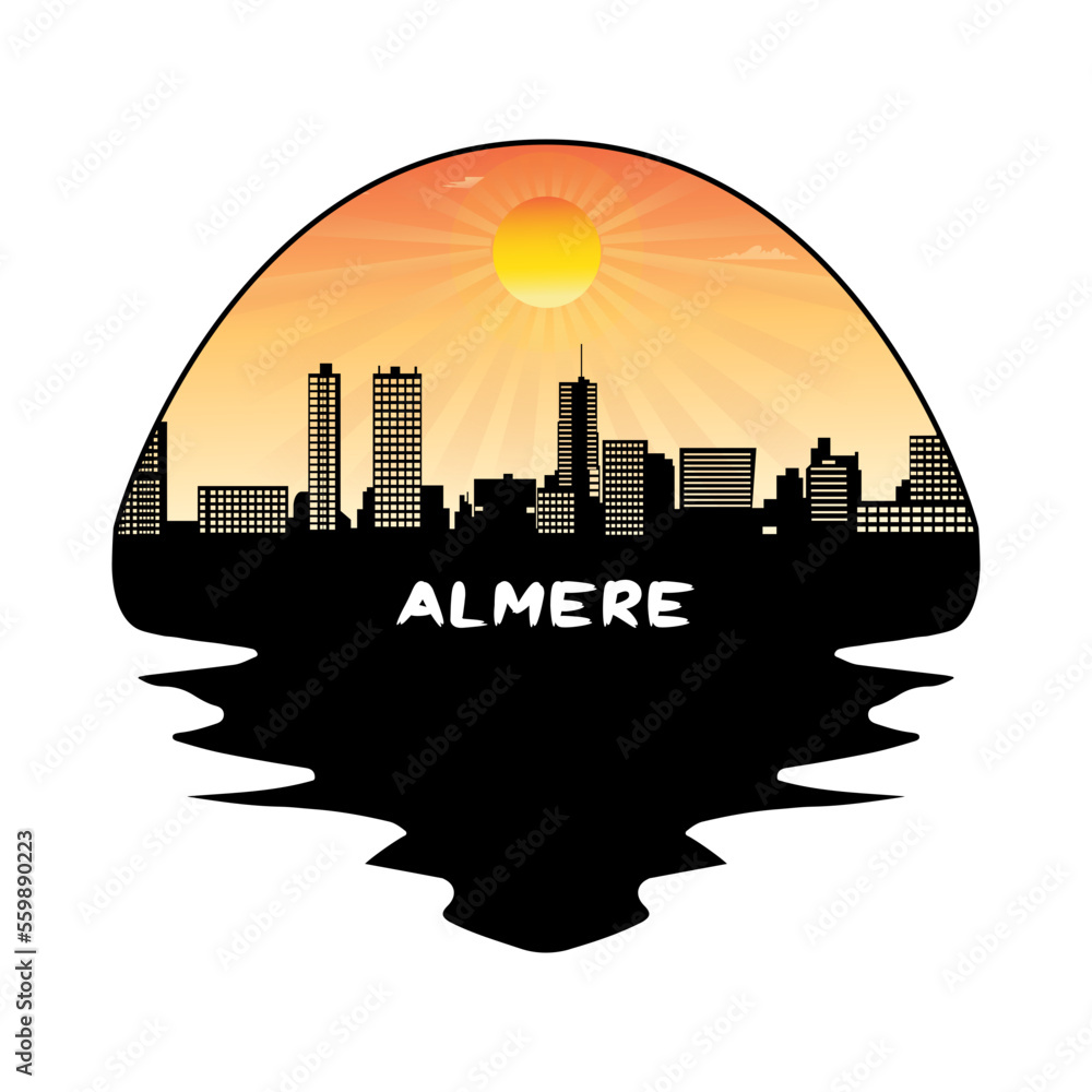 Almere Netherlands Skyline Silhouette Retro Vintage Sunset Almere Lover Travel Souvenir Sticker Vector Illustration SVG EPS