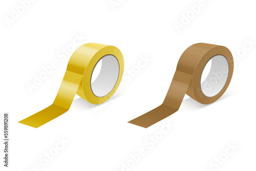 Vector 3d Realistic Glossy Yellow and Brown Tape Roll Icon Set, Mock-up Closeup Isolated on White Background. Design Template of Packaging Sticky Tape Roll or Adhesive Tape for Mockup. Front View
