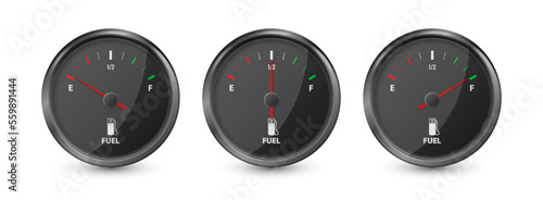Vector 3d Realistic Black Gas Fuel Tank Gauge, Oil Level Bar Set Isolated. Full and Empty. Display Board, Fuel Gauge Panel, Car Dashboard Details. Fuel Indicator, Gas Meter, Sensor. Design Template