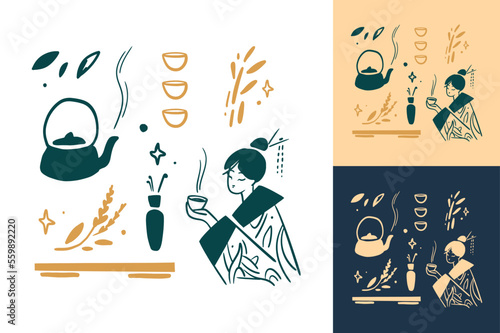 Japanese aesthetic. Geisha drinking matcha tea