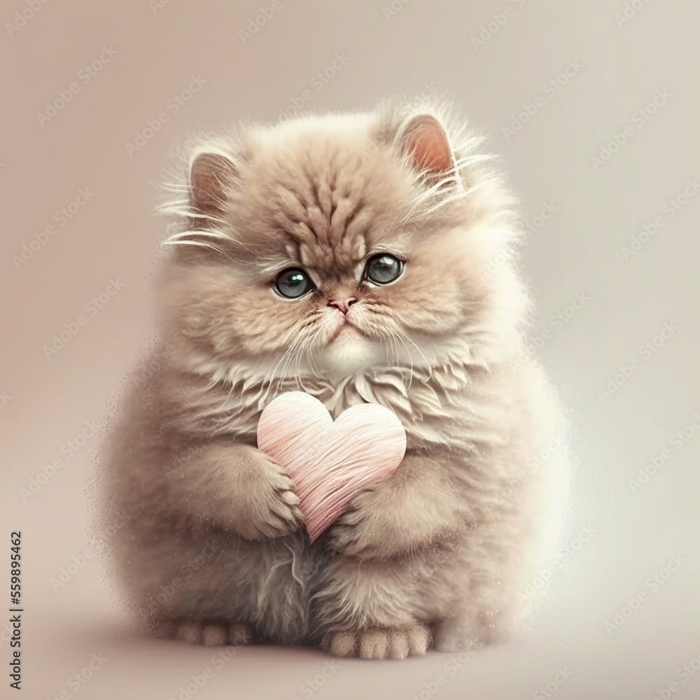 Cute kitten holding Valentine's heart. Valentine's day concept