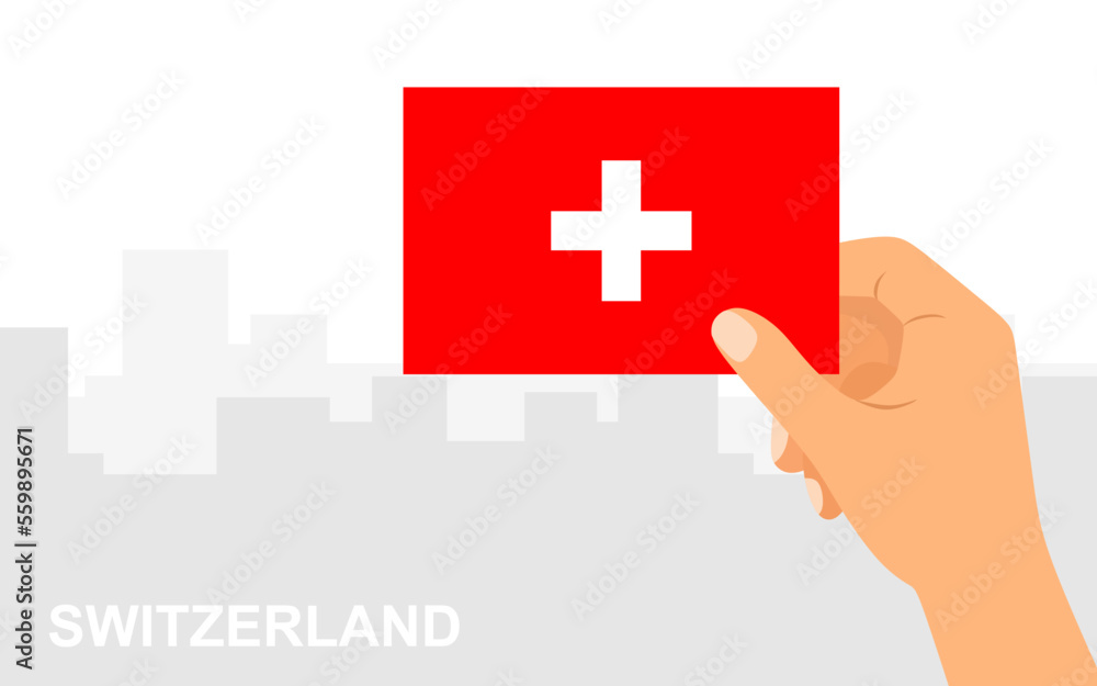Hand holding the flag of Switzerland on the background of the city in minimal flat style. Vector illustration Hand holding the flag of Switzerland on the background of the city in minimal flat style. Vector illustration
