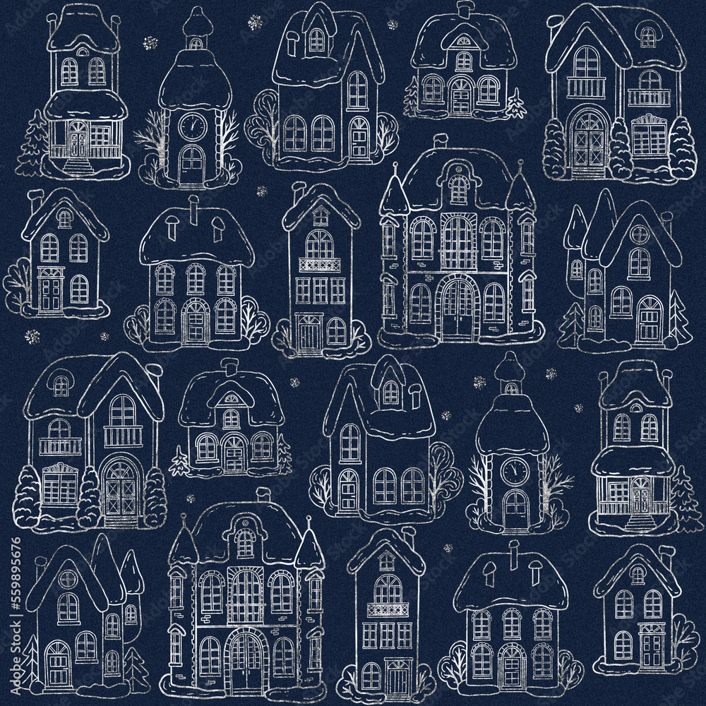 Little town streets in winter. Digital hand drawn illustration. Seamless pattern ornament with holiday theme